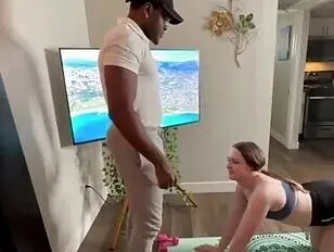 Shemale doing yoga chores while getting fucked