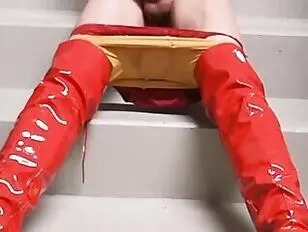 Slutty Erika Cums On The Stairs Wearing Sexy Boots 